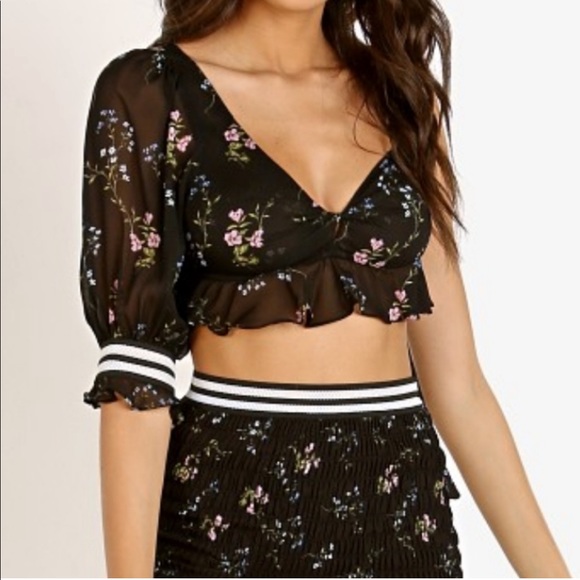 For Love And Lemons Tops - FL&L Odette Silk Crop Top - XS | Black Floral